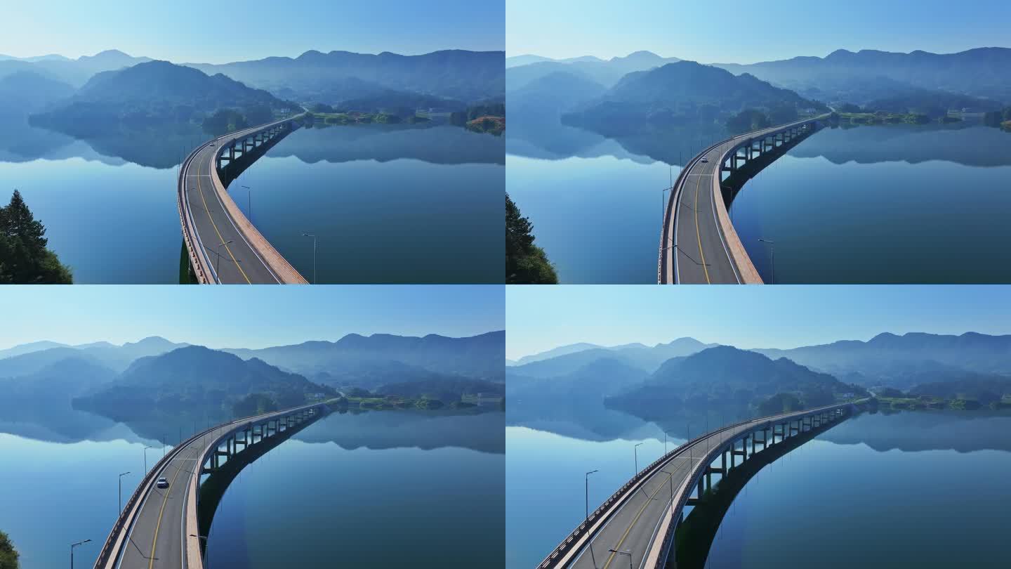 汽车行驶 湖泊公路 水上公路 桥梁航拍