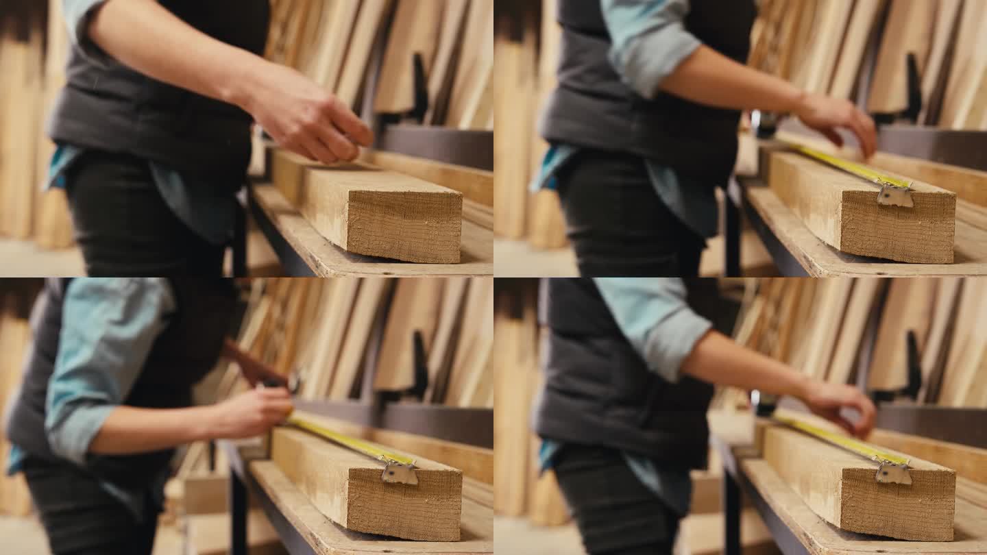 木工车间女木匠用伸缩钢尺测量木材特写