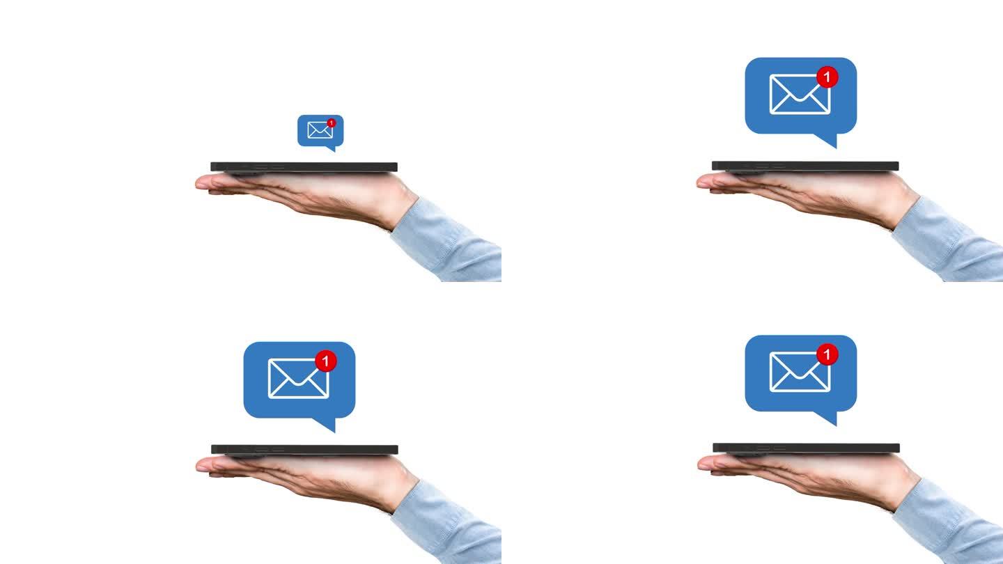 电子邮件通知弹出从移动屏幕在人的手。商务信息和电子邮件。