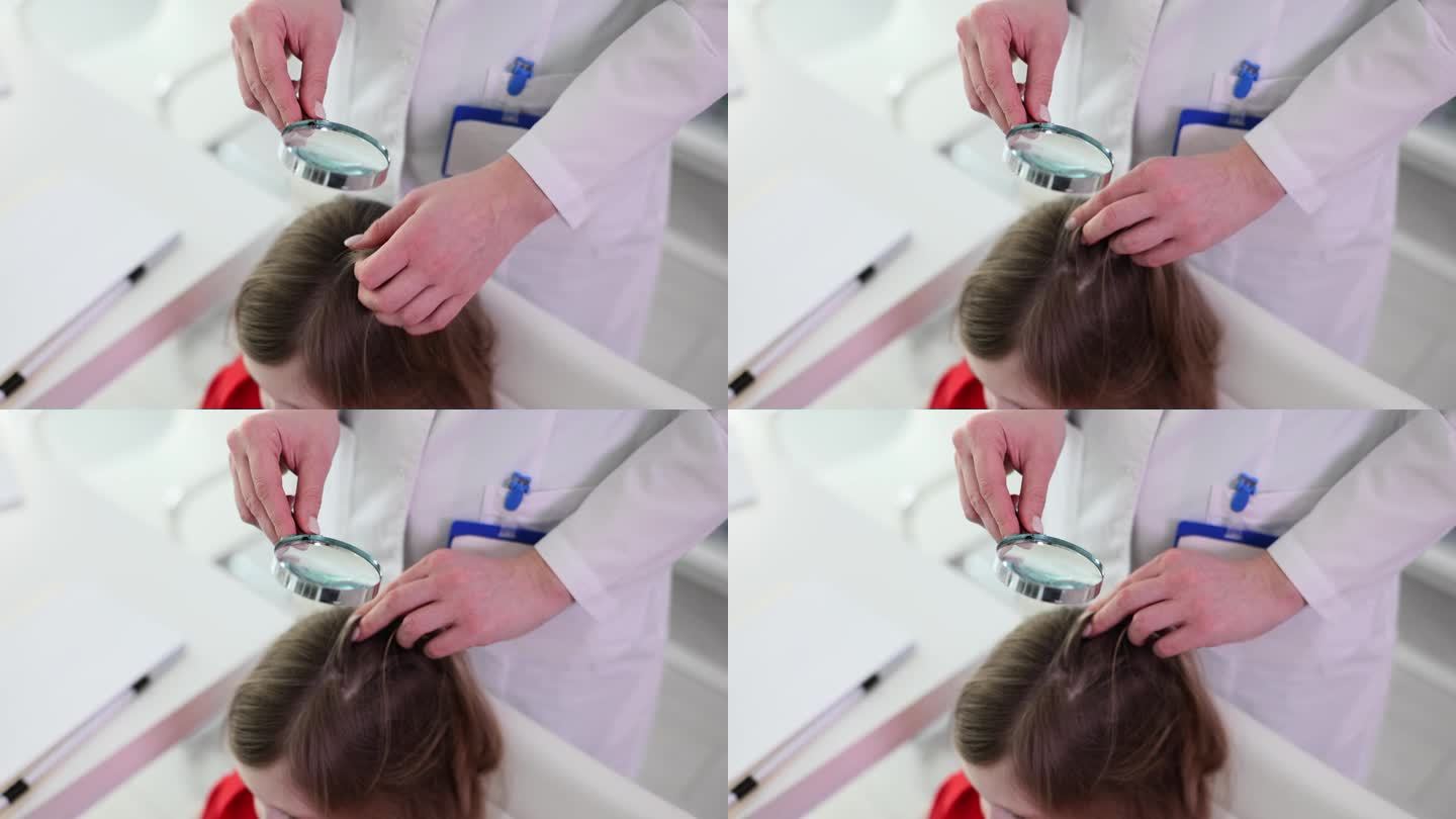医生在医院用放大镜检查女孩的头发