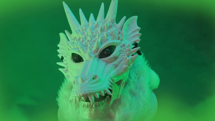 绿龙旋转的头部，有不同颜色发光的眼睛，漂浮在浅绿色的背景上
