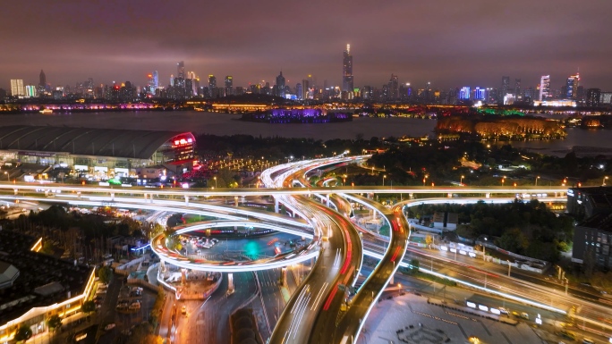 夜景航拍延时·城市交通新庄立交高架桥