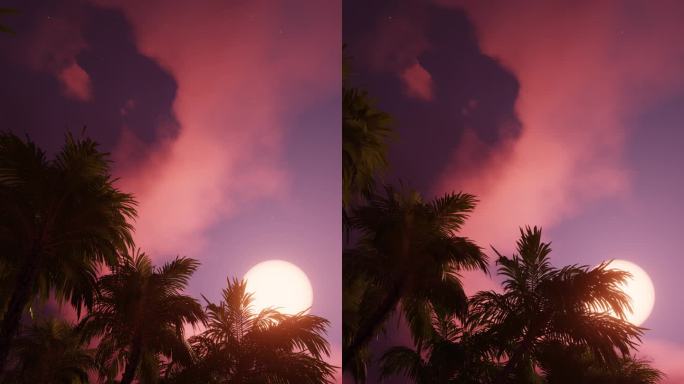 沿着棕榈巷移动的风格化动画，日落中椰子树的底部视图。垂直视频。