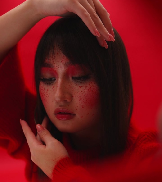 亚洲模特女孩在工作室里把手放在脸旁边，摆姿势拍照。特写红色背景。魔术服装艺伎在行动中的红色。垂直视频