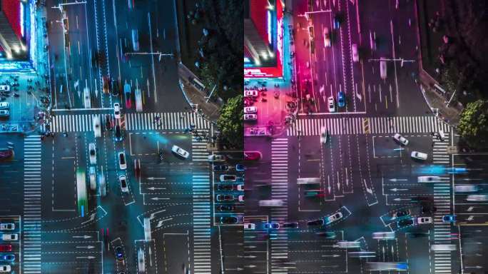 T/L夜间十字路口和城市交通俯视图