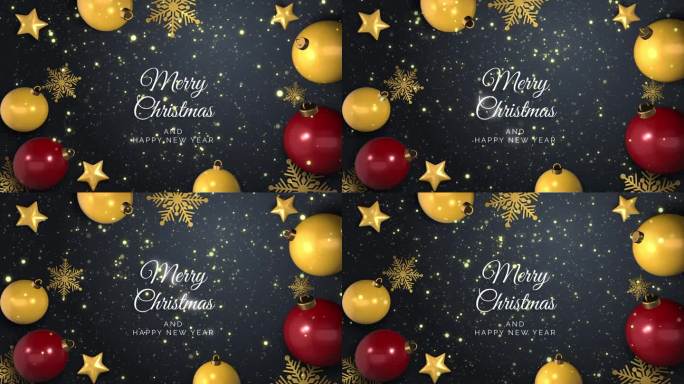 圣诞背景的节日贺卡。金色装饰装饰与圣诞球黑色环背景与雪花图案。金字书法拜年