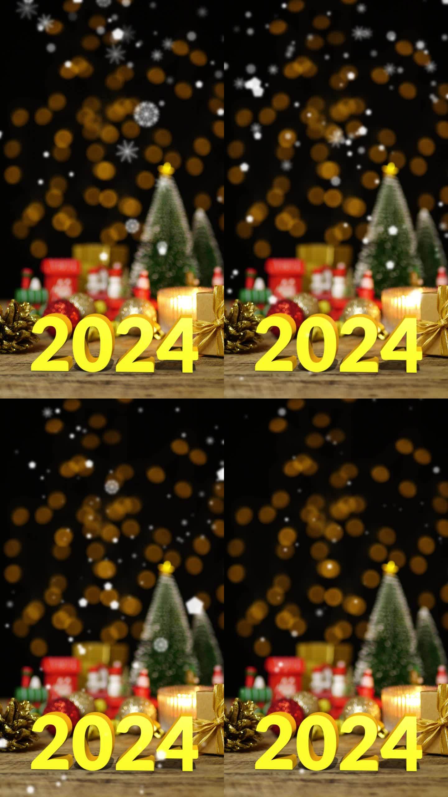 2024年新年的金色数字和雪花飘落的圣诞饰品