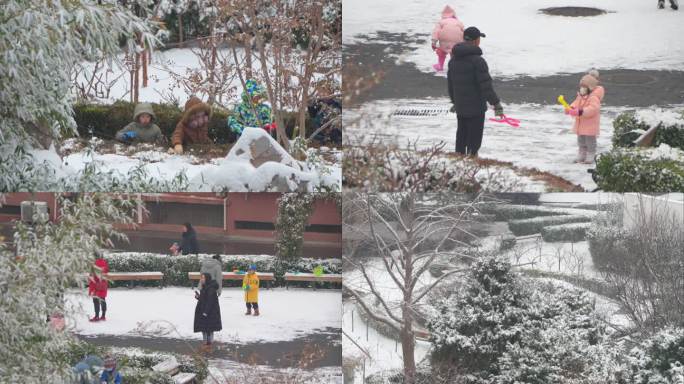 小孩玩雪居民扫雪铲雪