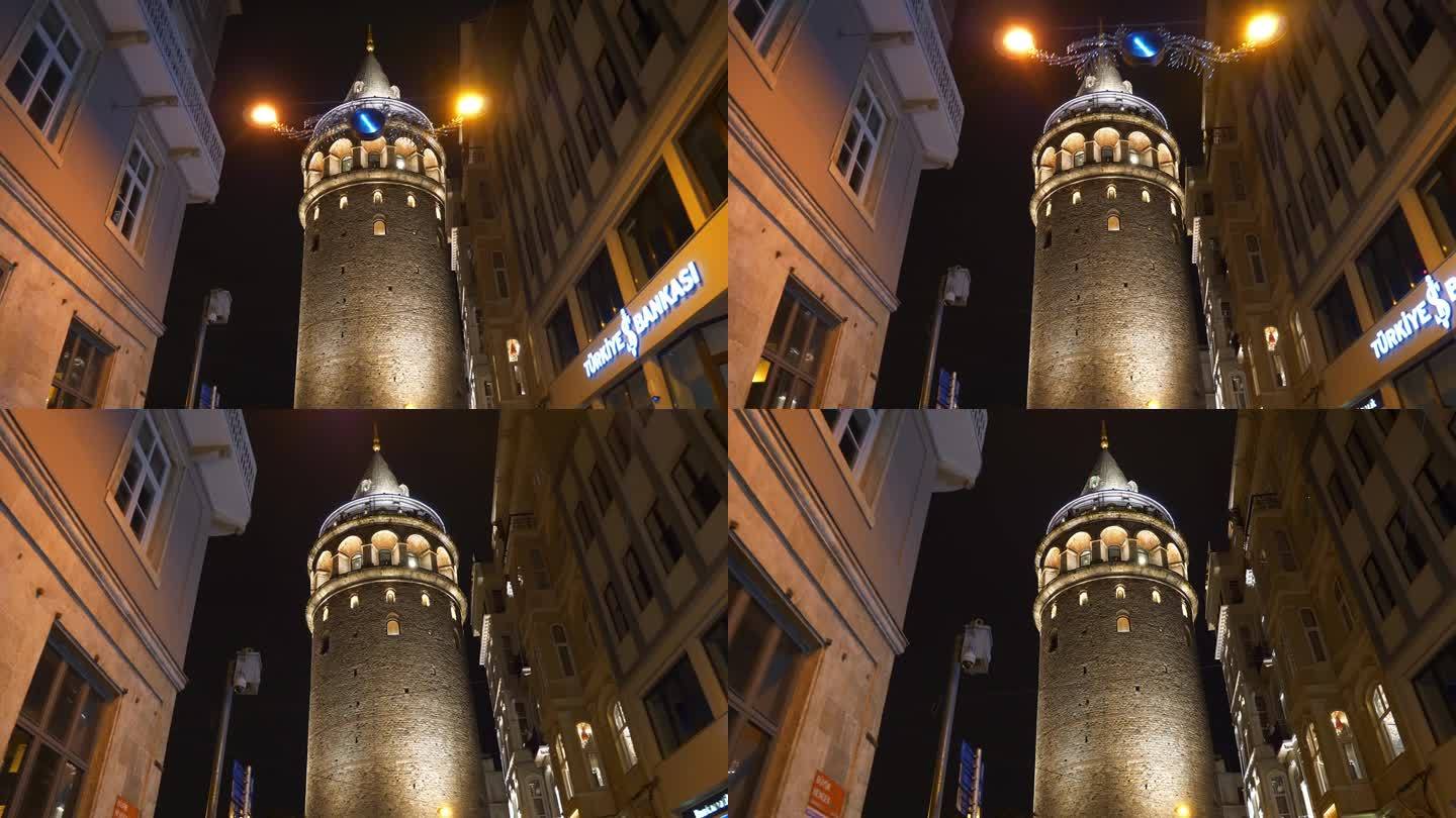 夜间照明伊坦布尔市中心著名的塔街景全景4k土耳其