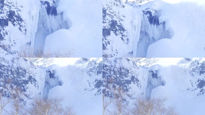 长白山冬季大雪下的瀑布