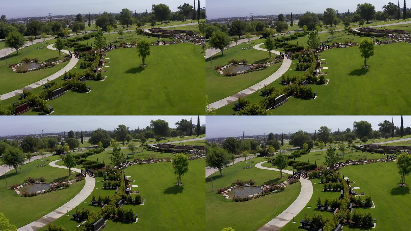 低空拍摄飞越装饰私人庄园墓地在加利福尼亚太平间。4 k