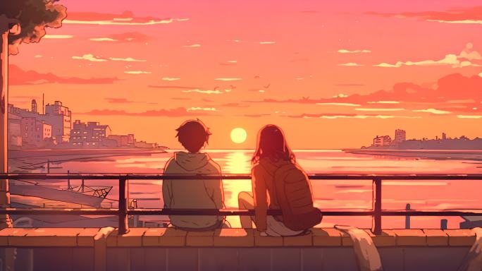 情侣在海边看日落