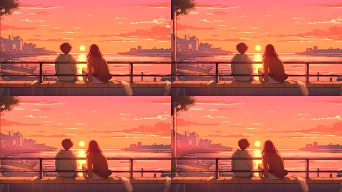 情侣在海边看日落