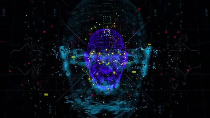 人形脸网格，未来网络头，数字技术，智能机器概念，人工智能，3d渲染插图，暗背景与复制空间