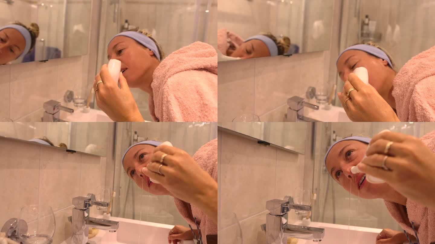 一名妇女正在使用天然生理盐水冲洗鼻子。洗鼻壶
