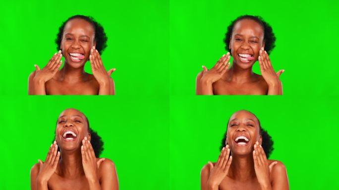 绿屏美女脸，吐舌大笑的黑人女性配上滑稽的面部表情，化妆化妆。色度关键肖像，护肤保健和漫画表情符号的人