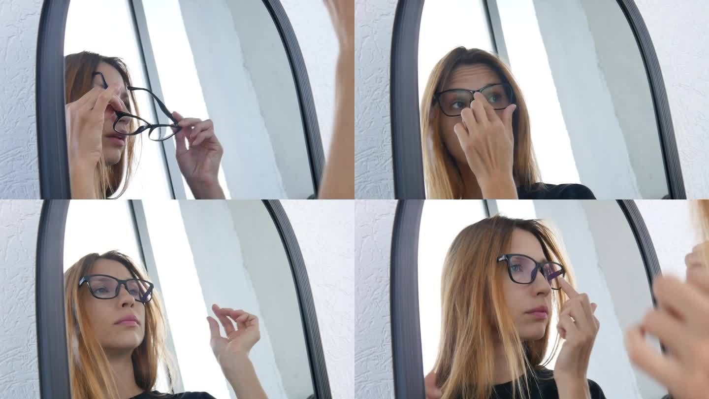 一个年轻漂亮的女人在镜子前试黑框眼镜