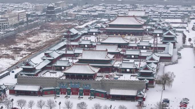 山西大同古城代王府冬季雪景航拍