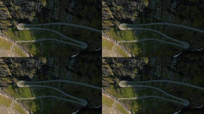 Trollstigen公路在挪威山区的发夹弯的静态鸟瞰图。