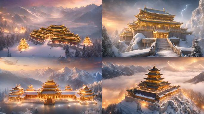 中国古代建筑金色宫殿雪山之上雪花闪电白雾