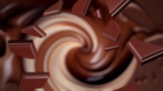 巧克力片螺旋状地落入牛奶巧克力中，慢动作