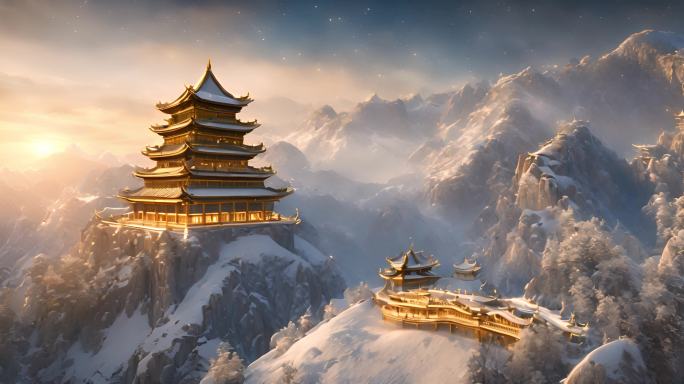 中国古代建筑金色宫殿雪山之上雪花闪电白雾