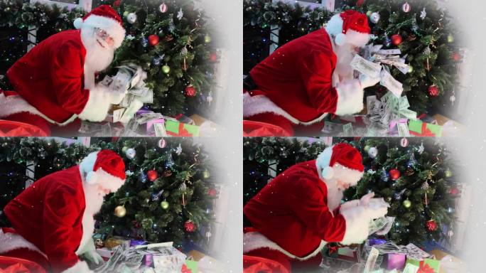 穿着红色衣服的圣诞老人在圣诞树下撒着百元大钞