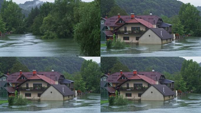 房屋被洪水泛滥的河水淹没