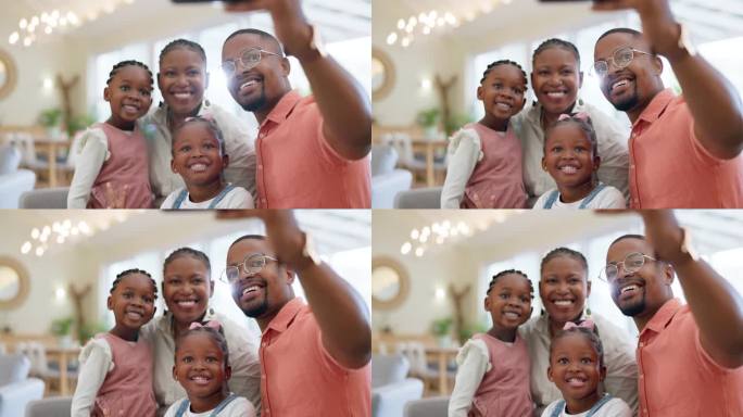 黑人家庭，与父母和孩子在家里的自拍和回忆，爱和联系，快乐和社交媒体。直播，幸福和写真，一起和人笑着拍