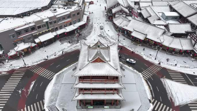 山西大同古城鼓楼冬季冰雪航拍