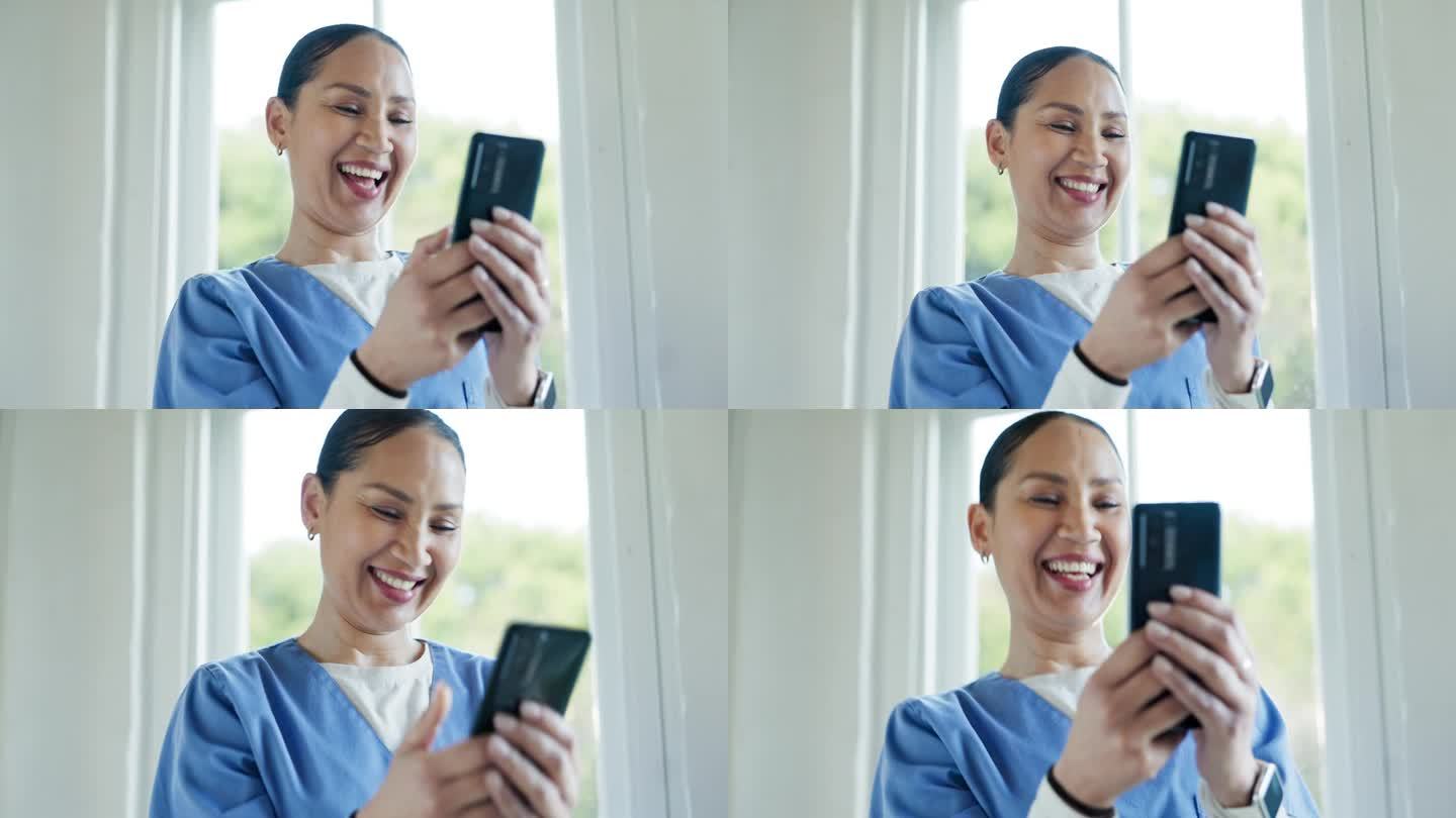 打电话，笑和快乐的女医生在医院与社交媒体，聊天或交流。医疗保健，表情包和女护士，智能手机应用程序用于