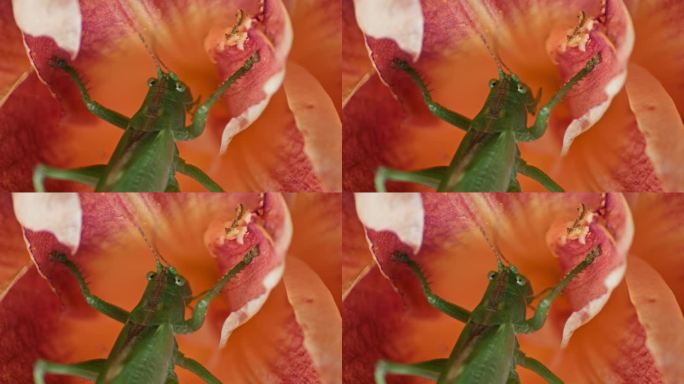 一只绿色的大蚱蜢正在吃一朵橙色的花。
