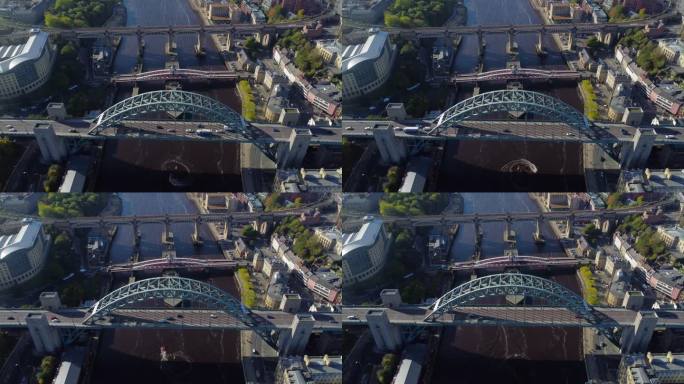 鸟瞰图纽卡斯尔在泰恩码头-泰恩桥，摇摆桥和高水平桥在泰恩河