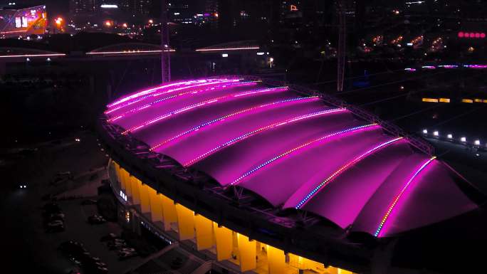 义乌梅湖体育场夜景航拍素材