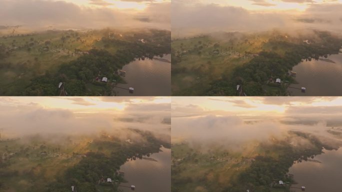 在雾蒙蒙的日出期间，鸟瞰里约杜勒斯全景
