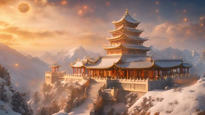 中国古代建筑金色宫殿雪山之上雪花闪电白雾