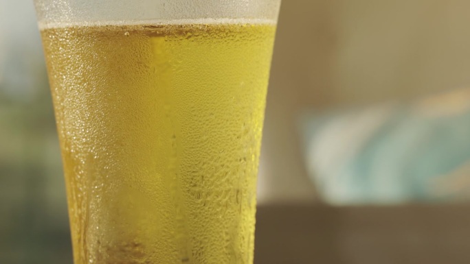 在夏日明媚的阳光下，一杯冰镇的、自酿的啤酒，金黄色的、冰凉的液体闪烁着一种闪闪发光的魅力，杯子里折射