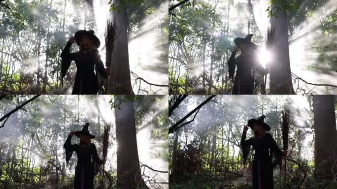 一个女巫拿着一把魔法扫帚走进森林，年轻的女巫骑着扫帚飞过森林