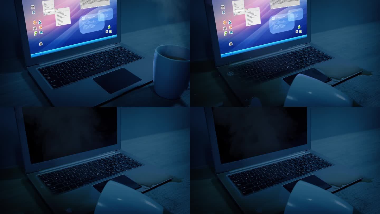 在黑暗的房间里，咖啡杯被打翻在笔记本电脑上