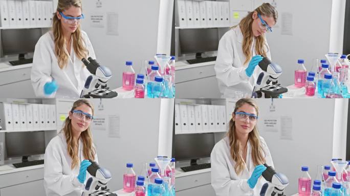 迷人的年轻金发科学家通过显微镜发现奇迹，微笑着看着她的实验室研究