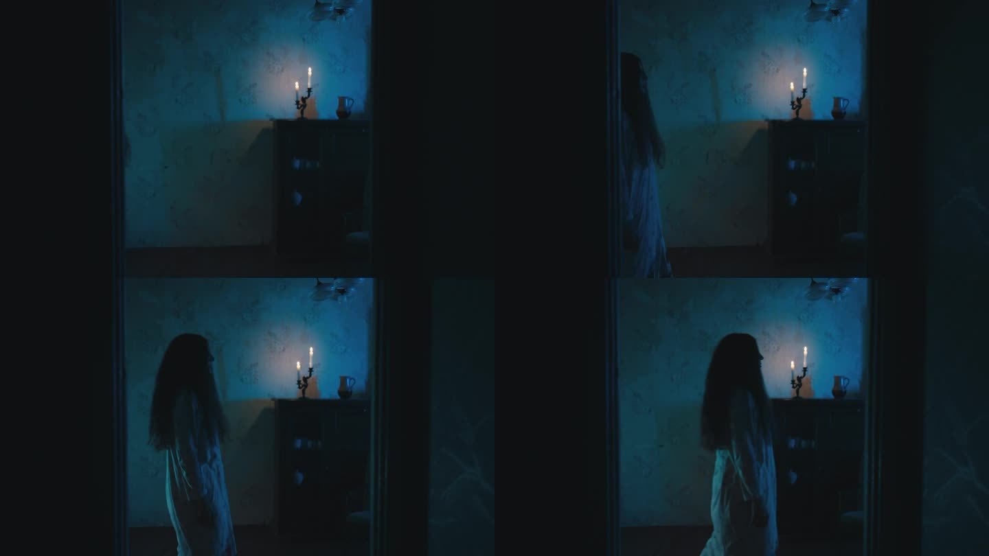 黑女巫的鬼魂在晚上走在古堡的房间里，令人毛骨悚然的万圣节故事