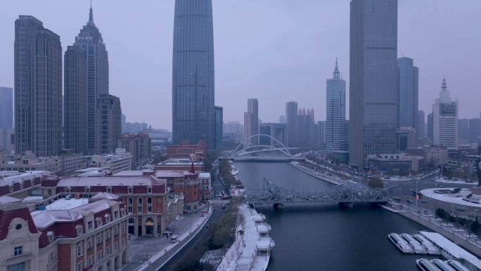 津湾广场雪景天津地标海河风景冬天大雪素材