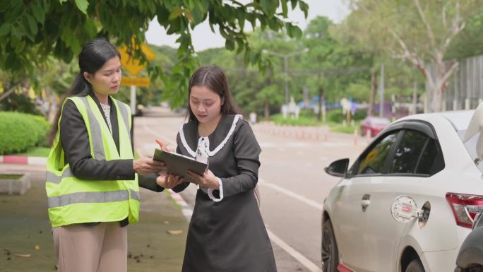 亚洲女司机与年轻女车险官员谈话同意的意外索赔将被评估和处理。