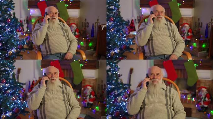 圣诞节，坐在圣诞树旁的扶手椅上，孤独的老祖父在打电话。
