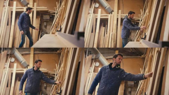 木工车间的木匠在为慢镜头拍摄的项目选择木材
