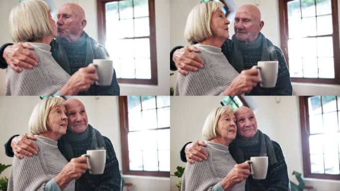亲亲，师兄师姐在家喝咖啡，冬日清晨的爱情和亲情。浪漫，老年男女用茶杯、饮料和健康的关系，连接和拥抱的