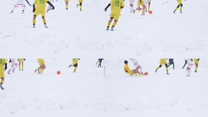 足球运动员在雪地里追球