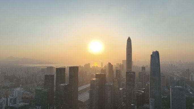 深圳福田区市中心航拍平安大厦夕阳黄昏日落