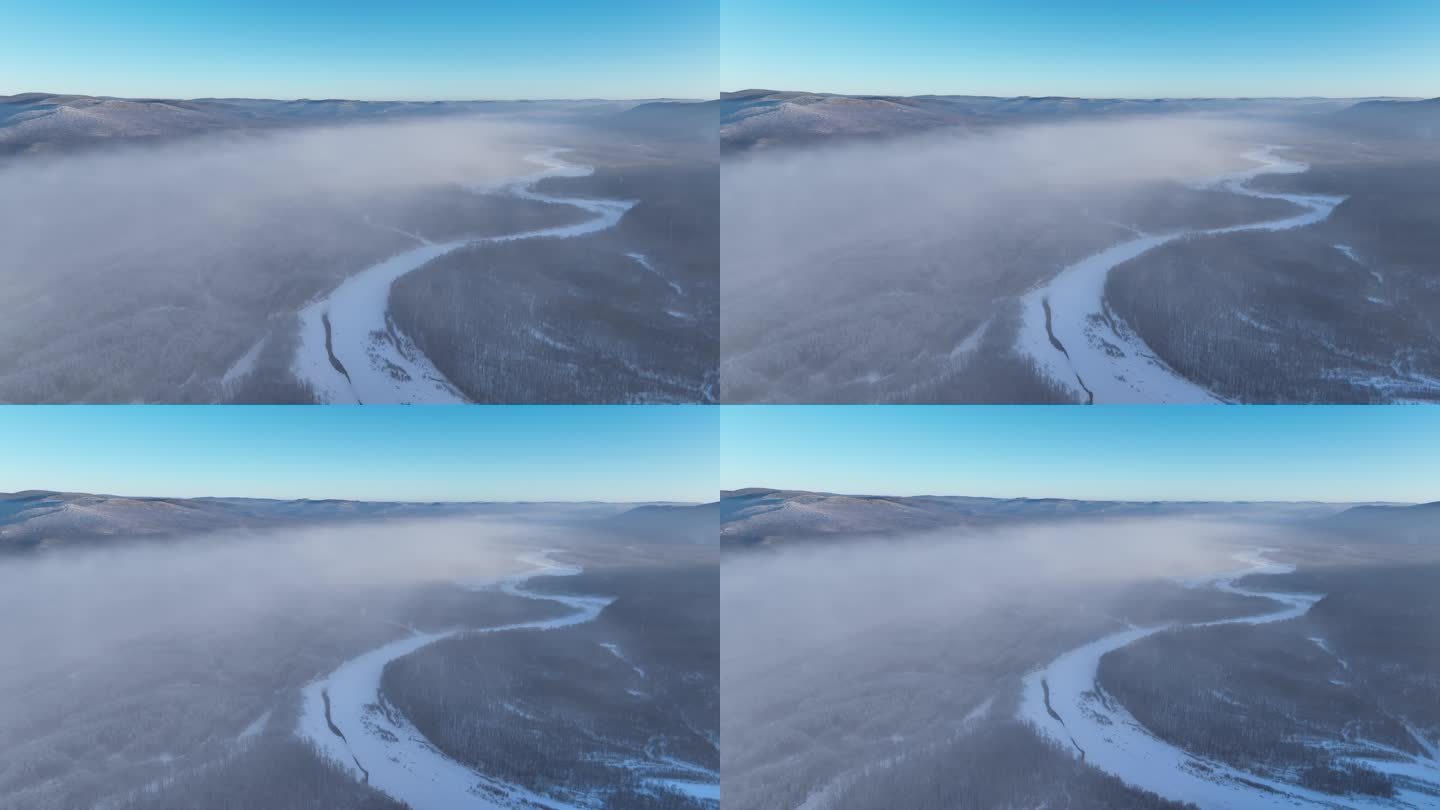 航拍冻雾迷漫的大兴安岭林海雪原