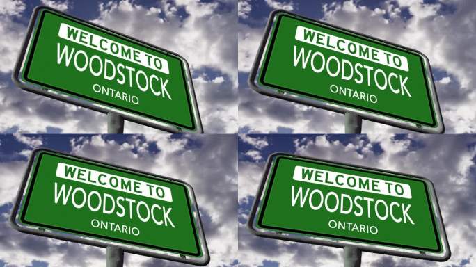 欢迎来到安大略省的伍德斯托克。加拿大城市道路标志接近现实的3D动画
